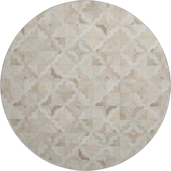HomeRoots 8' Modern Ivory Beige and Gray Geometric Round Rug - Washable, Stain-Resistant, UV Protected Decor 644709