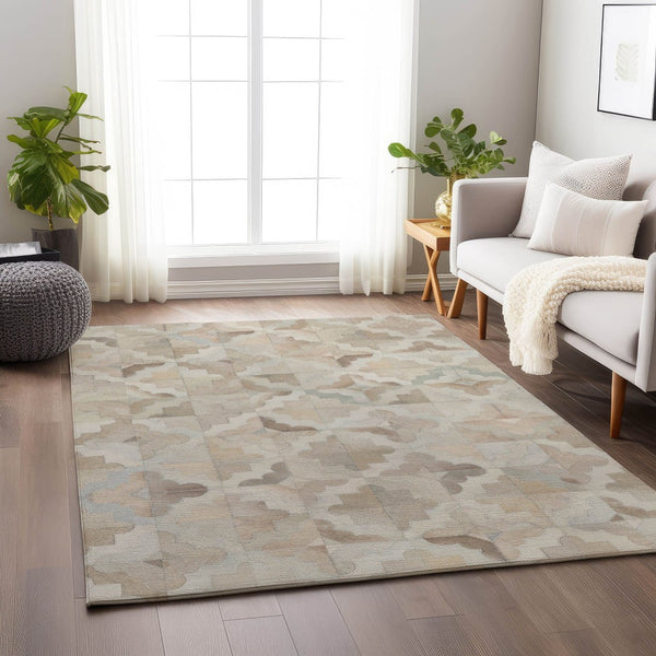HomeRoots 9' X 12' Modern Geometric Washable Area Rug in Ivory, Beige & Gray - UV & Stain Resistant Design 644711