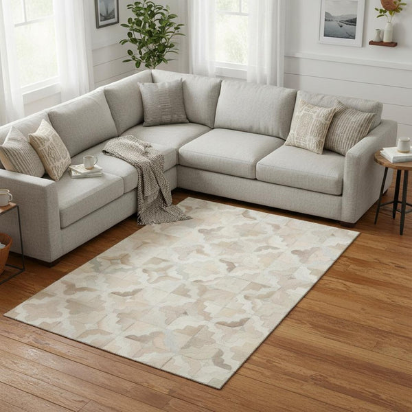 HomeRoots 9' X 12' Modern Geometric Washable Area Rug in Ivory, Beige & Gray - UV & Stain Resistant Design 644711