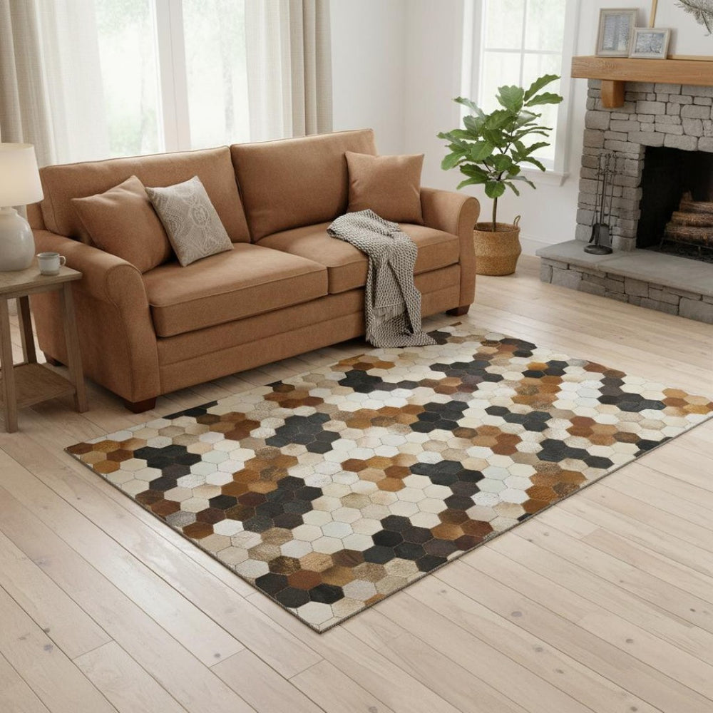 HomeRoots 5' X 8' Modern Geometric Area Rug in Black, Brown & Ivory - Washable, UV Protected, Ideal for Homes 644714