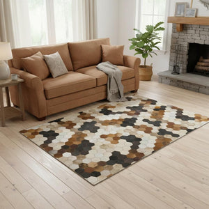 HomeRoots 5' X 8' Modern Geometric Area Rug in Black, Brown & Ivory - Washable, UV Protected, Ideal for Homes 644714
