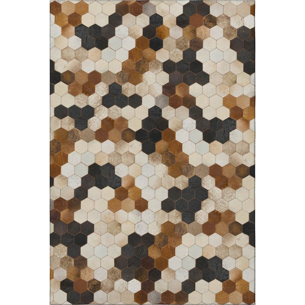 HomeRoots 5' X 8' Modern Geometric Area Rug in Black, Brown & Ivory - Washable, UV Protected, Ideal for Homes 644714