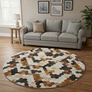 HomeRoots 8' Stylish Black, Brown & Ivory Geometric Round Rug - Washable, UV Protected, Stain Resistant! 644715