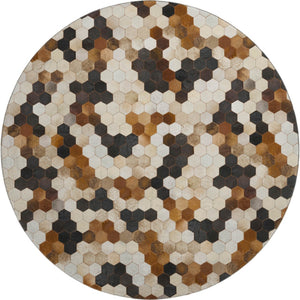 HomeRoots 8' Stylish Black, Brown & Ivory Geometric Round Rug - Washable, UV Protected, Stain Resistant! 644715