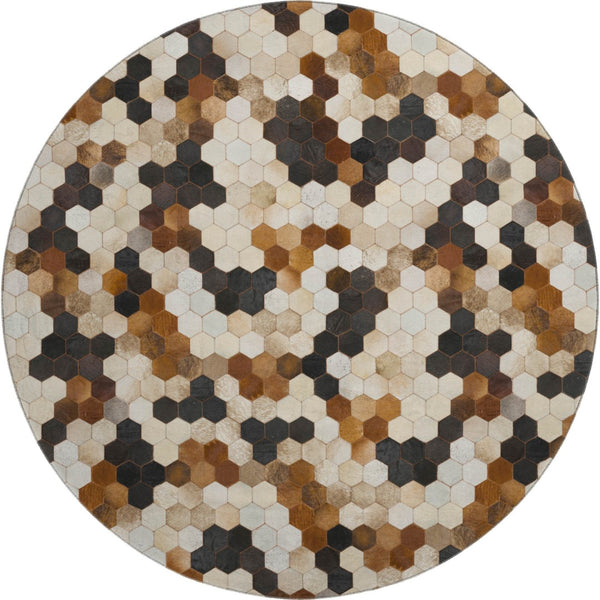 HomeRoots 8' Stylish Black, Brown & Ivory Geometric Round Rug - Washable, UV Protected, Stain Resistant! 644715