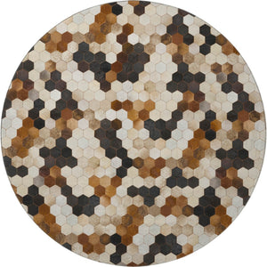 HomeRoots 8' Stylish Black, Brown & Ivory Geometric Round Rug - Washable, UV Protected, Stain Resistant! 644715