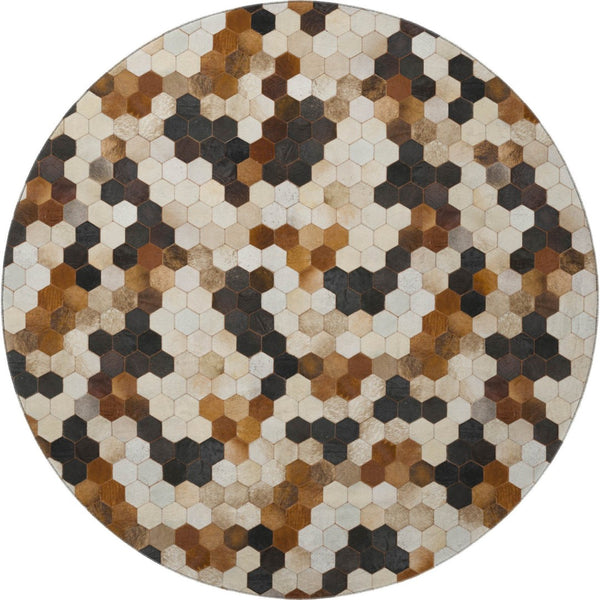 HomeRoots 8' Stylish Black, Brown & Ivory Geometric Round Rug - Washable, UV Protected, Stain Resistant! 644715