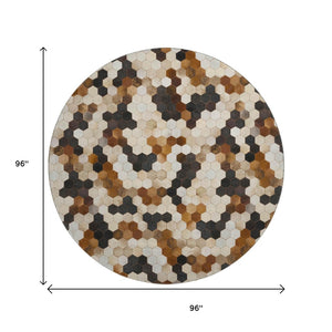 HomeRoots 8' Stylish Black, Brown & Ivory Geometric Round Rug - Washable, UV Protected, Stain Resistant! 644715