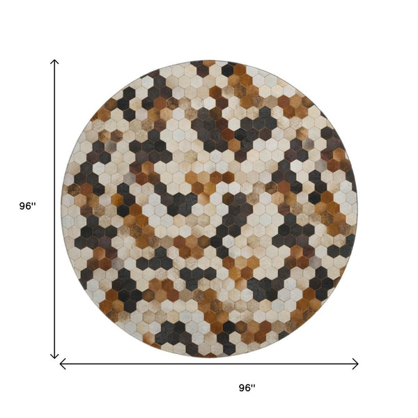 HomeRoots 8' Stylish Black, Brown & Ivory Geometric Round Rug - Washable, UV Protected, Stain Resistant! 644715