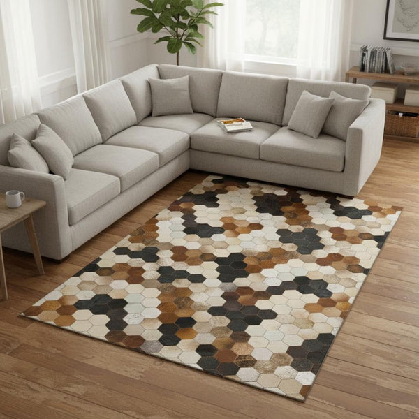 HomeRoots 8' X 10' Geometric Washable Area Rug in Black, Brown & Ivory - UV Protected for Family Homes! 644716