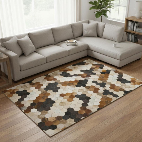 HomeRoots 9' X 12' Stylish Black Brown Ivory Geometric Area Rug - Washable, UV-Resistant for Busy Homes! 644717