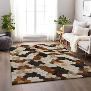 HomeRoots 10' X 14' Geometric Washable Area Rug - Black, Brown & Ivory Design with UV Protection & Durability 644718