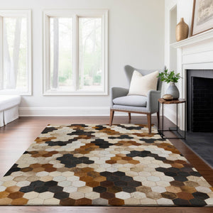 HomeRoots 10' X 14' Geometric Washable Area Rug - Black, Brown & Ivory Design with UV Protection & Durability 644718