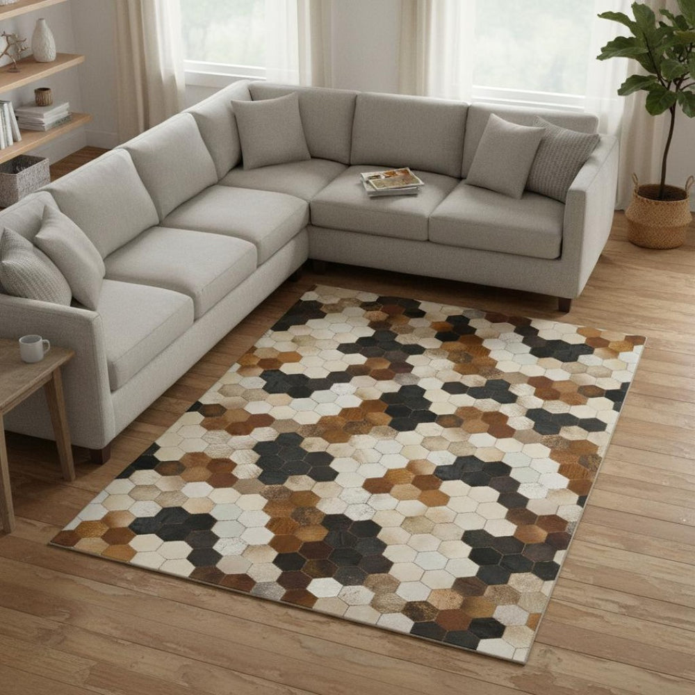 HomeRoots 10' X 14' Geometric Washable Area Rug - Black, Brown & Ivory Design with UV Protection & Durability 644718