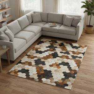HomeRoots 10' X 14' Geometric Washable Area Rug - Black, Brown & Ivory Design with UV Protection & Durability 644718