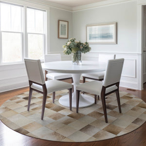 HomeRoots 8' Round Patchwork Rug in Taupe, Ivory & Beige - Washable, UV-Protected & Perfect for High-Traffic Areas 644721
