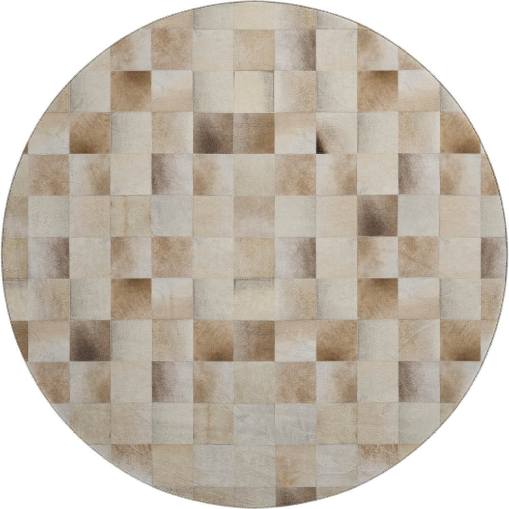 HomeRoots 8' Round Patchwork Rug in Taupe, Ivory & Beige - Washable, UV-Protected & Perfect for High-Traffic Areas 644721