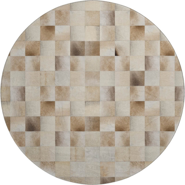 HomeRoots 8' Round Patchwork Rug in Taupe, Ivory & Beige - Washable, UV-Protected & Perfect for High-Traffic Areas 644721