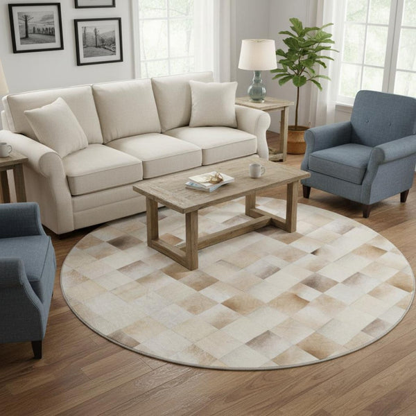 HomeRoots 8' Round Patchwork Rug in Taupe, Ivory & Beige - Washable, UV-Protected & Perfect for High-Traffic Areas 644721