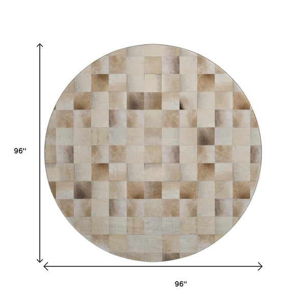 HomeRoots 8' Round Patchwork Rug in Taupe, Ivory & Beige - Washable, UV-Protected & Perfect for High-Traffic Areas 644721