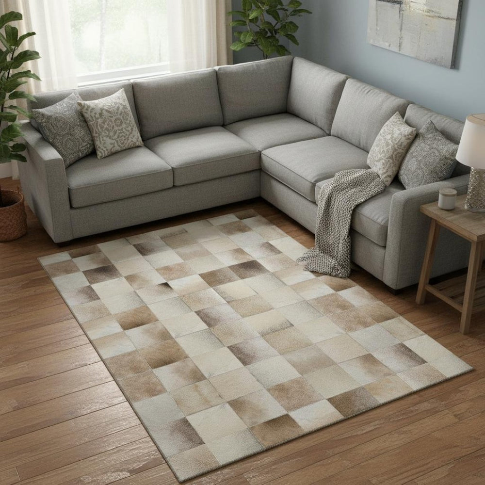 HomeRoots 8' X 10' Taupe Ivory Beige Patchwork Area Rug - Washable, UV Protected, Stain Resistant & Durable 644722