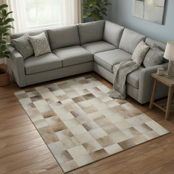 HomeRoots 8' X 10' Taupe Ivory Beige Patchwork Area Rug - Washable, UV Protected, Stain Resistant & Durable 644722
