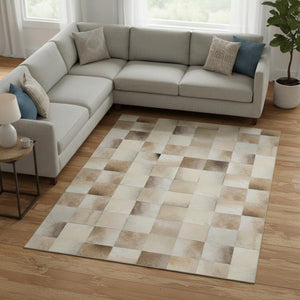 HomeRoots 9' X 12' Taupe Ivory Beige Patchwork Area Rug - Machine Washable, UV Protected, Lodge Style Charm 644723