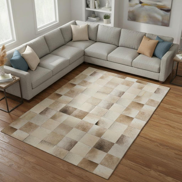 HomeRoots 10' Taupe Ivory & Beige Patchwork Washable Area Rug - Durable, Stain-Resistant with UV Protection 644724