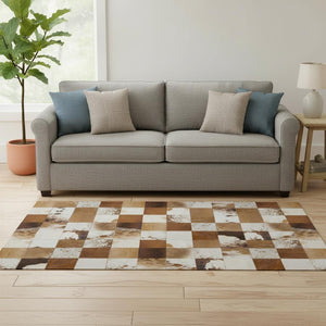 HomeRoots 5' Brown & Ivory Patchwork Area Rug – Washable, UV-Protected, Cozy & Durable for Kids & Pets! 644726