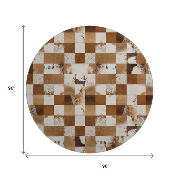 HomeRoots 8' Brown and Ivory Patchwork Round Rug - Washable, UV-Protected, Durable, Ideal for Busy Homes 644727