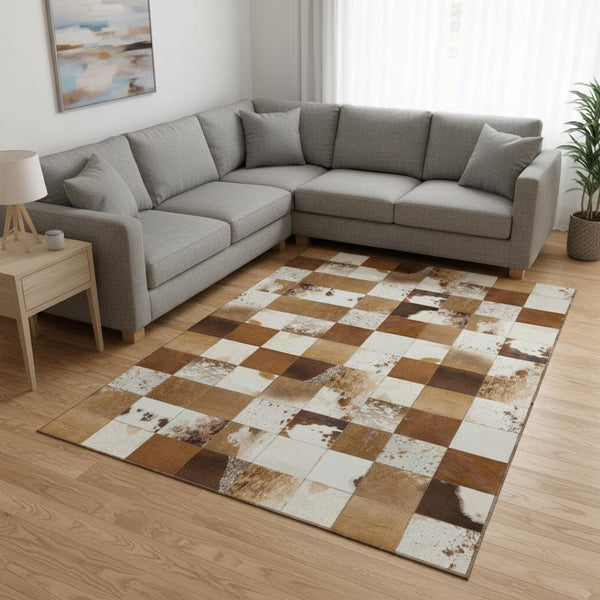 HomeRoots 8' X 10' Brown and Ivory Patchwork Area Rug – Machine Washable, UV Protected, Stylish & Durable Design 644728