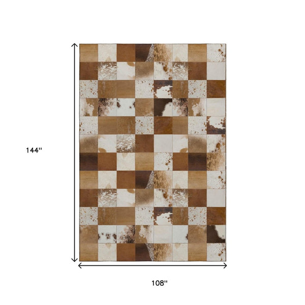 HomeRoots 9' X 12' Stylish Brown and Ivory Patchwork Area Rug - Washable, UV Protected & Stain Resistant Design 644729