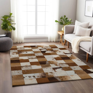 HomeRoots 9' X 12' Stylish Brown and Ivory Patchwork Area Rug - Washable, UV Protected & Stain Resistant Design 644729