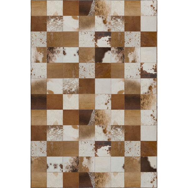 HomeRoots 9' X 12' Stylish Brown and Ivory Patchwork Area Rug - Washable, UV Protected & Stain Resistant Design 644729