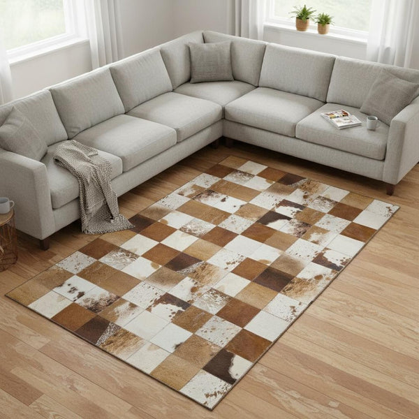 HomeRoots 9' X 12' Stylish Brown and Ivory Patchwork Area Rug - Washable, UV Protected & Stain Resistant Design 644729