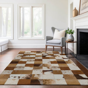 HomeRoots 9' X 12' Stylish Brown and Ivory Patchwork Area Rug - Washable, UV Protected & Stain Resistant Design 644729