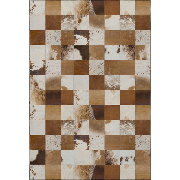 HomeRoots 9' X 12' Stylish Brown and Ivory Patchwork Area Rug - Washable, UV Protected & Stain Resistant Design 644729