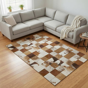 HomeRoots 10' Brown and Ivory Patchwork Area Rug - Washable, UV Protected, Stain Resistant, Ideal for Family Homes 644730