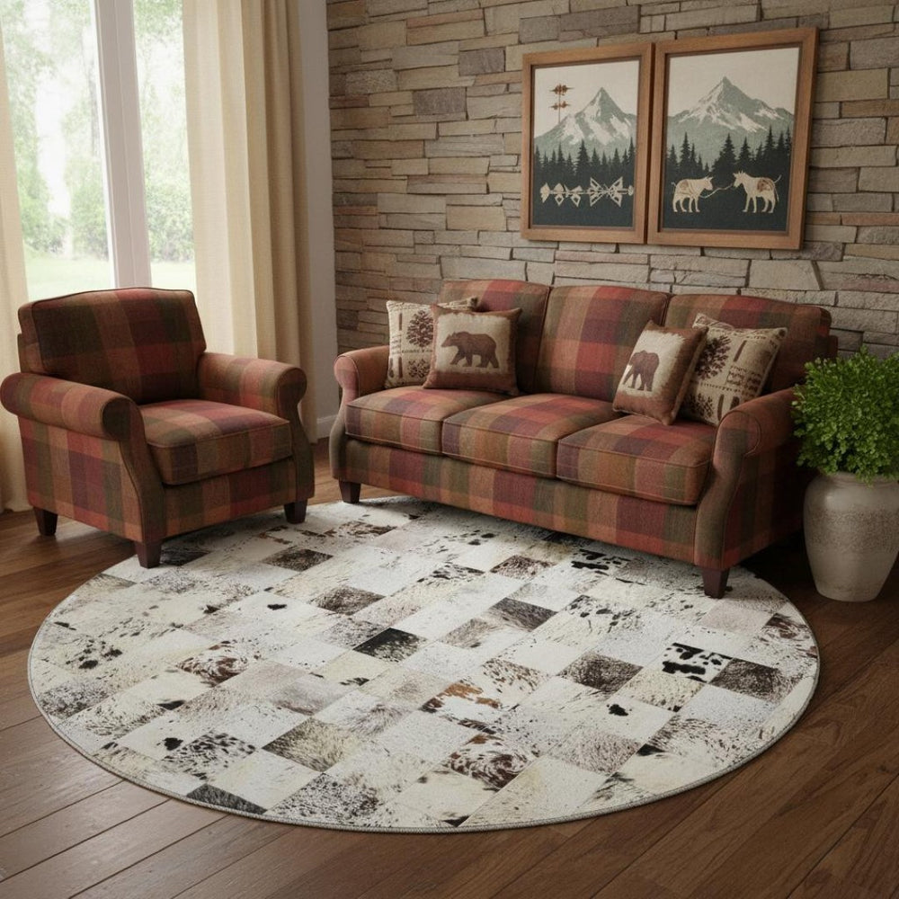 HomeRoots 8' Durable Granite Gray, Ivory & Black Patchwork Round Rug - Washable with UV Protection & Style! 644733
