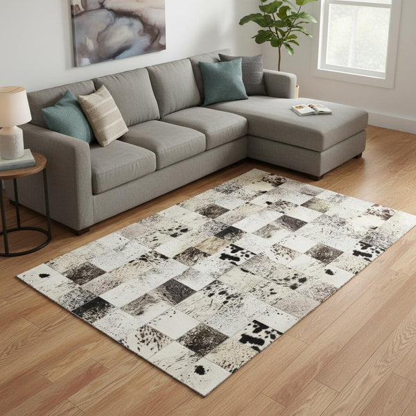 HomeRoots 10' X 14' Stylish Granite Gray Ivory Black Patchwork Area Rug - Washable & UV Protected for Families 644736