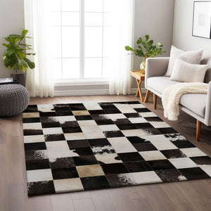 HomeRoots 5' X 8' Stylish Black Ivory Beige Patchwork Area Rug - Washable, UV-Protected, Pet-Friendly Design 644738