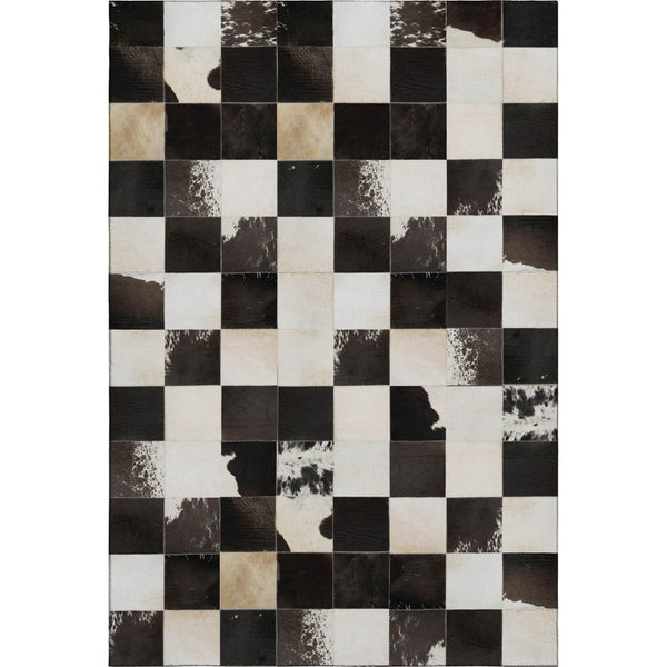 HomeRoots 5' X 8' Stylish Black Ivory Beige Patchwork Area Rug - Washable, UV-Protected, Pet-Friendly Design 644738