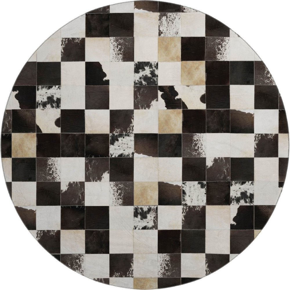 HomeRoots 8' Black Ivory and Beige Patchwork Round Rug – Washable, UV-Protected, Durable, Stylish Home Essential 644739