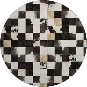 HomeRoots 8' Black Ivory and Beige Patchwork Round Rug – Washable, UV-Protected, Durable, Stylish Home Essential 644739