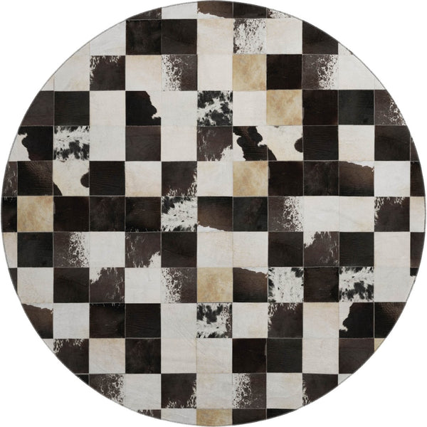 HomeRoots 8' Black Ivory and Beige Patchwork Round Rug – Washable, UV-Protected, Durable, Stylish Home Essential 644739