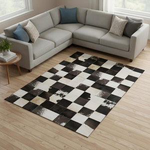 HomeRoots 8' X 10' Washable Black Ivory Beige Patchwork Area Rug - UV Protected, Stain Resistant & Durable Style 644740