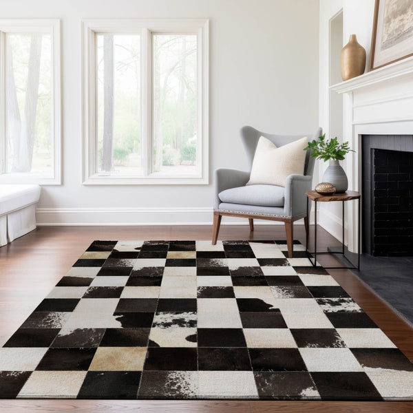 HomeRoots 8' X 10' Washable Black Ivory Beige Patchwork Area Rug - UV Protected, Stain Resistant & Durable Style 644740