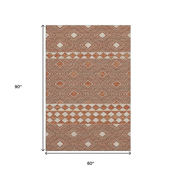 HomeRoots 5' X 8' Burnt Sienna Geometric Area Rug - Washable, Stain Resistant, UV Protected for Modern Homes 644756