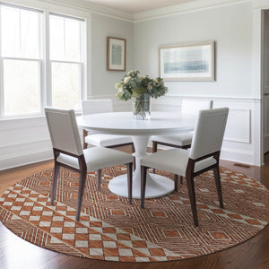 HomeRoots 8' Burnt Sienna and Ivory Geometric Round Rug - Washable, UV Protected, Perfect for Homes & Patios 644757
