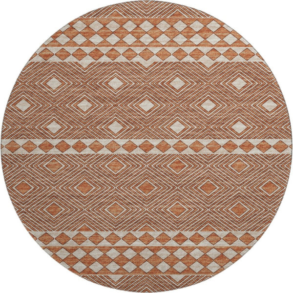 HomeRoots 8' Burnt Sienna and Ivory Geometric Round Rug - Washable, UV Protected, Perfect for Homes & Patios 644757